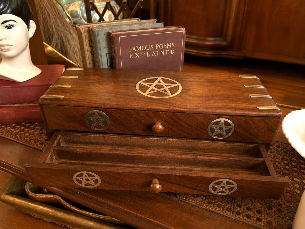Vintage Solid Wood Chest with Brass Pentacle Inlay